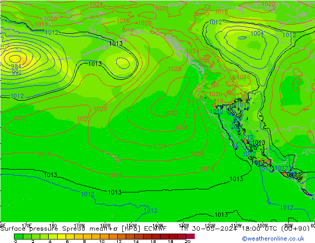 Atmosférický tlak Spread ECMWF Čt 30.05.2024 18 UTC