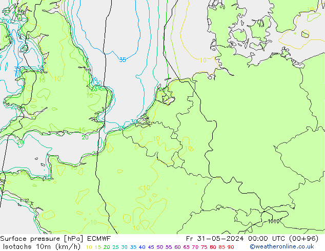 Isotachs (kph) ECMWF Pá 31.05.2024 00 UTC