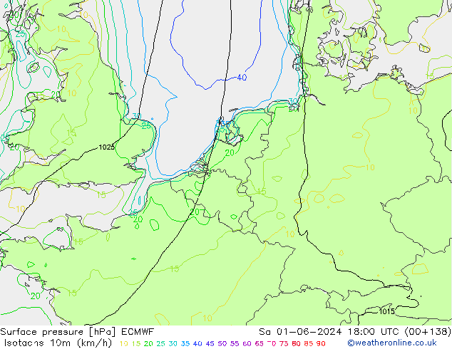 Isotachs (kph) ECMWF Sa 01.06.2024 18 UTC