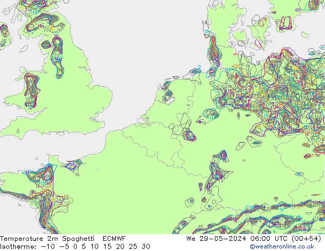 Temperatura 2m Spaghetti ECMWF mié 29.05.2024 06 UTC