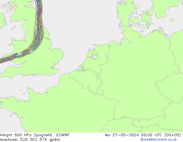 Height 500 hPa Spaghetti ECMWF Mo 27.05.2024 00 UTC
