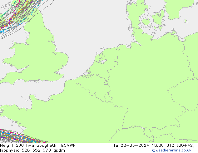 Hoogte 500 hPa Spaghetti ECMWF di 28.05.2024 18 UTC