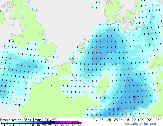 Precipitación (6h) ECMWF mar 28.05.2024 00 UTC