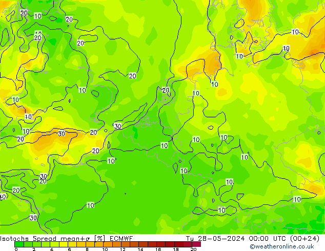 Izotacha Spread ECMWF wto. 28.05.2024 00 UTC