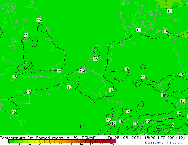 Temperatuurkaart Spread ECMWF di 28.05.2024 18 UTC