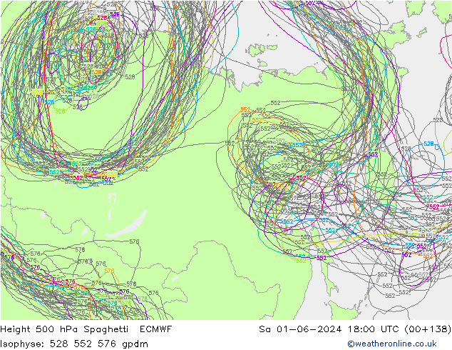 Height 500 hPa Spaghetti ECMWF Sa 01.06.2024 18 UTC