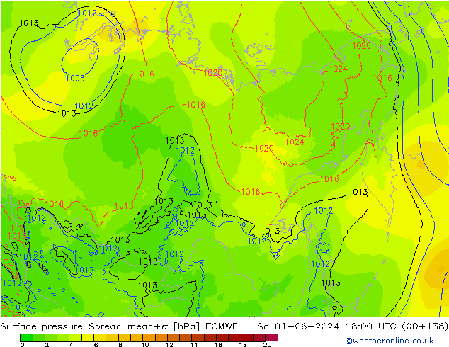 Surface pressure Spread ECMWF Sa 01.06.2024 18 UTC