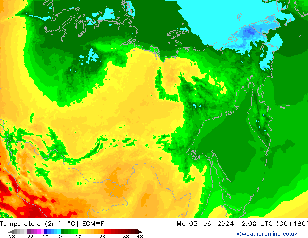 Temperatura (2m) ECMWF Seg 03.06.2024 12 UTC