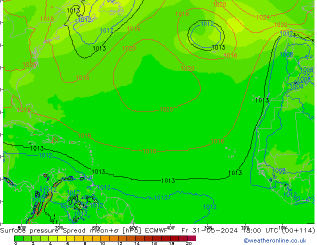 Pressione al suolo Spread ECMWF ven 31.05.2024 18 UTC