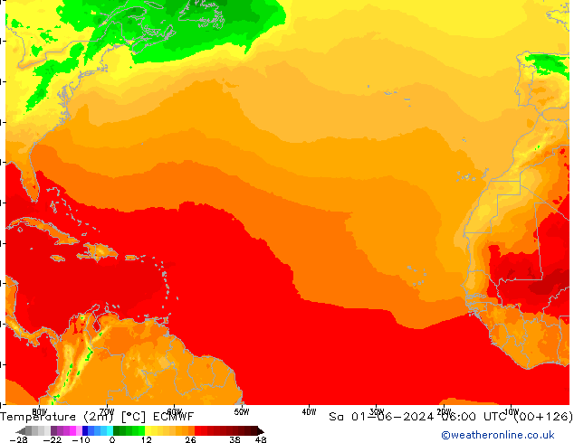 mapa temperatury (2m) ECMWF so. 01.06.2024 06 UTC