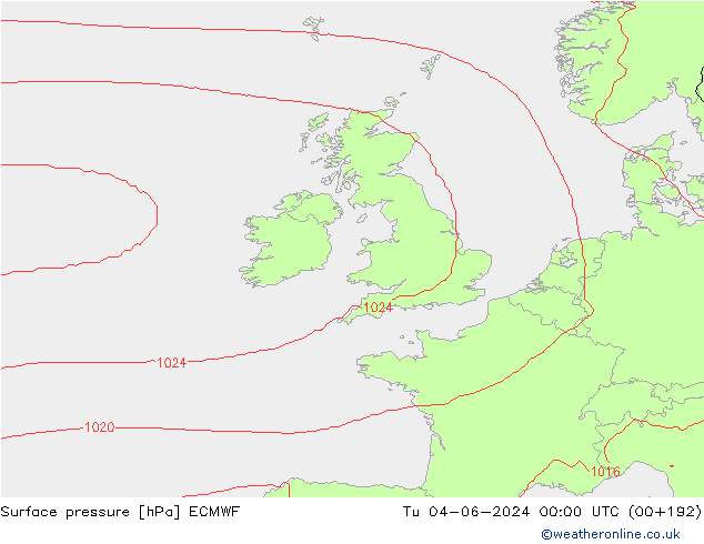 Surface pressure ECMWF Tu 04.06.2024 00 UTC