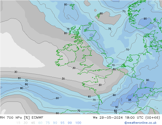 700 hPa Nispi Nem ECMWF Çar 29.05.2024 18 UTC