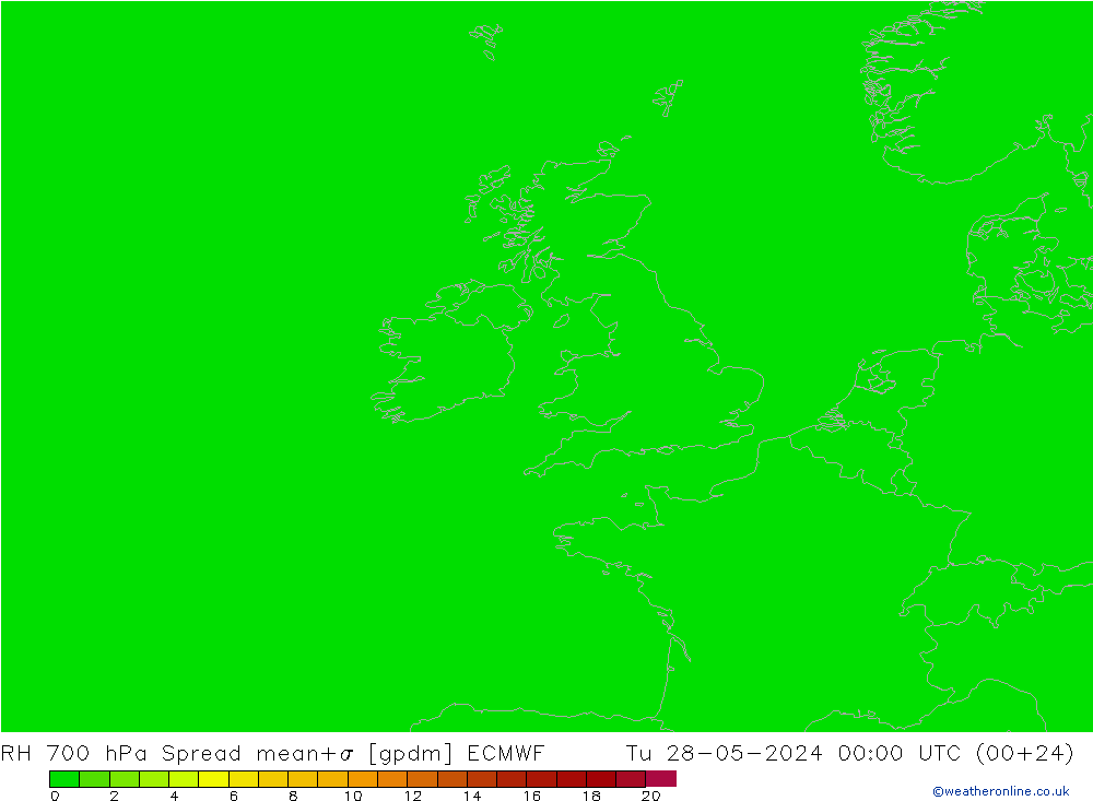 RH 700 hPa Spread ECMWF mar 28.05.2024 00 UTC