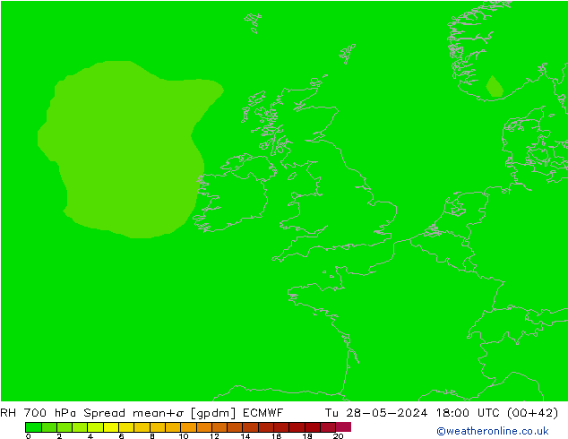 700 hPa Nispi Nem Spread ECMWF Sa 28.05.2024 18 UTC