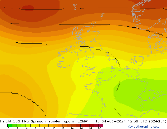 Height 500 hPa Spread ECMWF wto. 04.06.2024 12 UTC