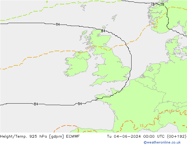 Height/Temp. 925 hPa ECMWF Út 04.06.2024 00 UTC