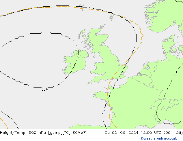 Height/Temp. 500 hPa ECMWF So 02.06.2024 12 UTC