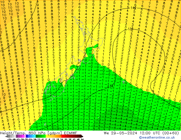 Height/Temp. 850 hPa ECMWF mer 29.05.2024 12 UTC