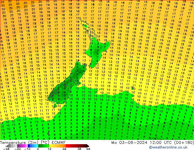 Temperatura (2m) ECMWF lun 03.06.2024 12 UTC