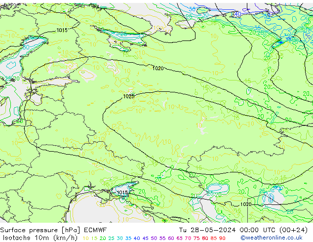 Isotachen (km/h) ECMWF Di 28.05.2024 00 UTC