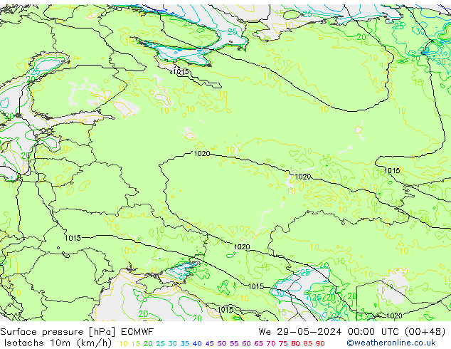 Isotachs (kph) ECMWF mer 29.05.2024 00 UTC