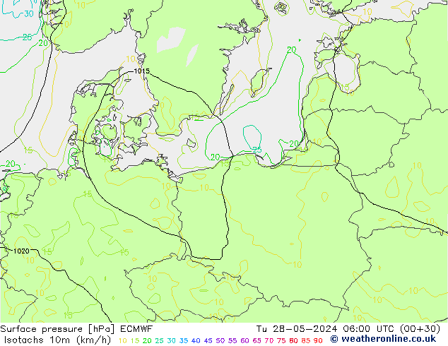 Isotachs (kph) ECMWF  28.05.2024 06 UTC