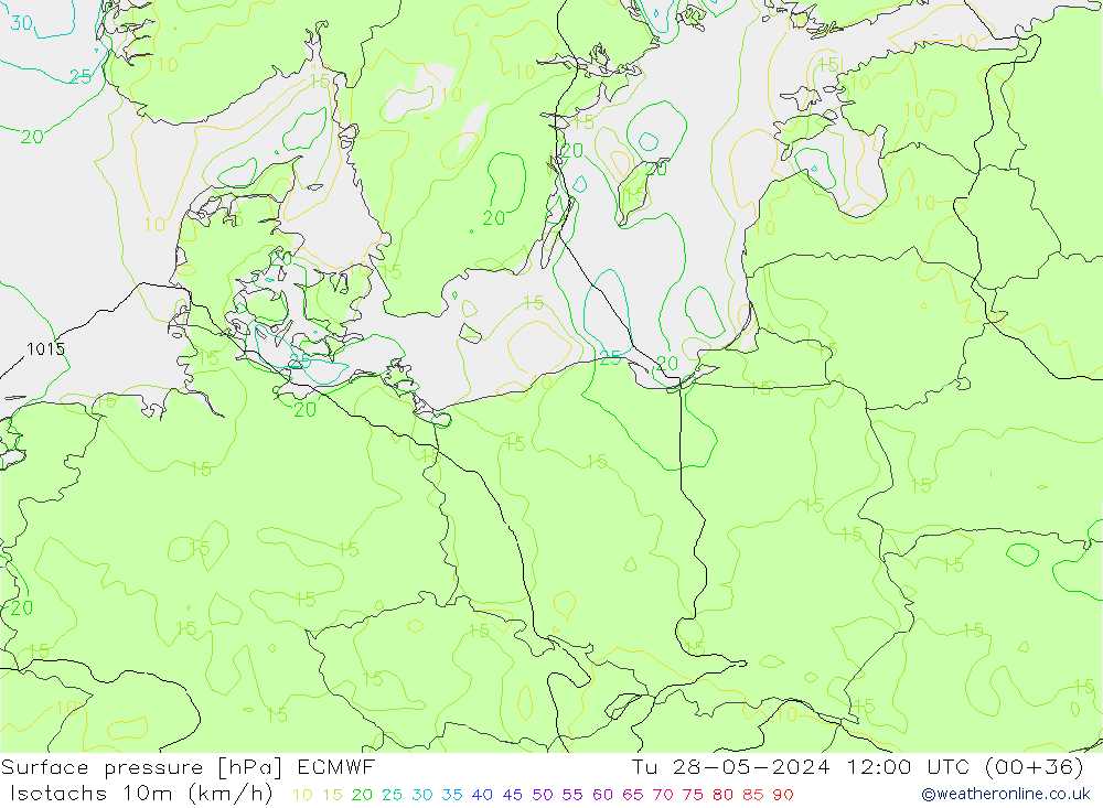 Eşrüzgar Hızları (km/sa) ECMWF Sa 28.05.2024 12 UTC