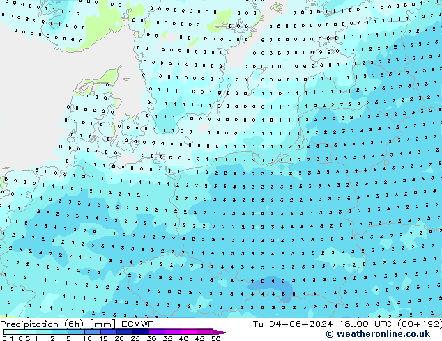 Précipitation (6h) ECMWF mar 04.06.2024 00 UTC