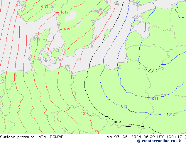 Surface pressure ECMWF Mo 03.06.2024 06 UTC