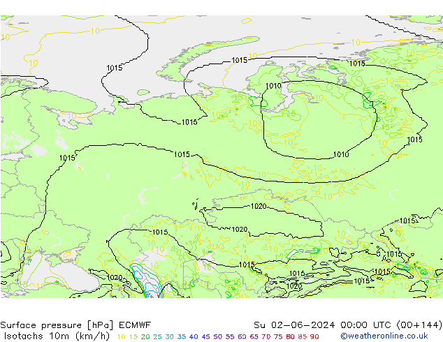 Isotachs (kph) ECMWF Su 02.06.2024 00 UTC