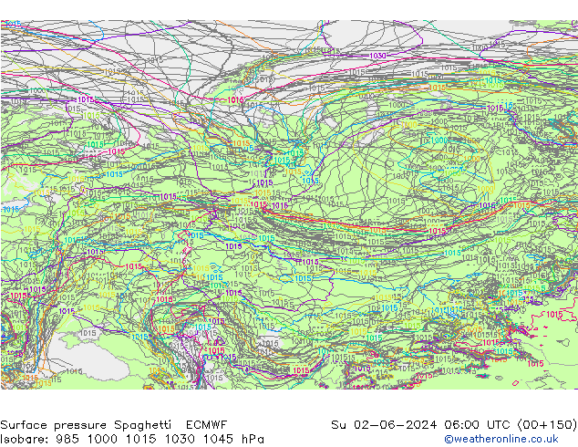 Luchtdruk op zeeniveau Spaghetti ECMWF zo 02.06.2024 06 UTC