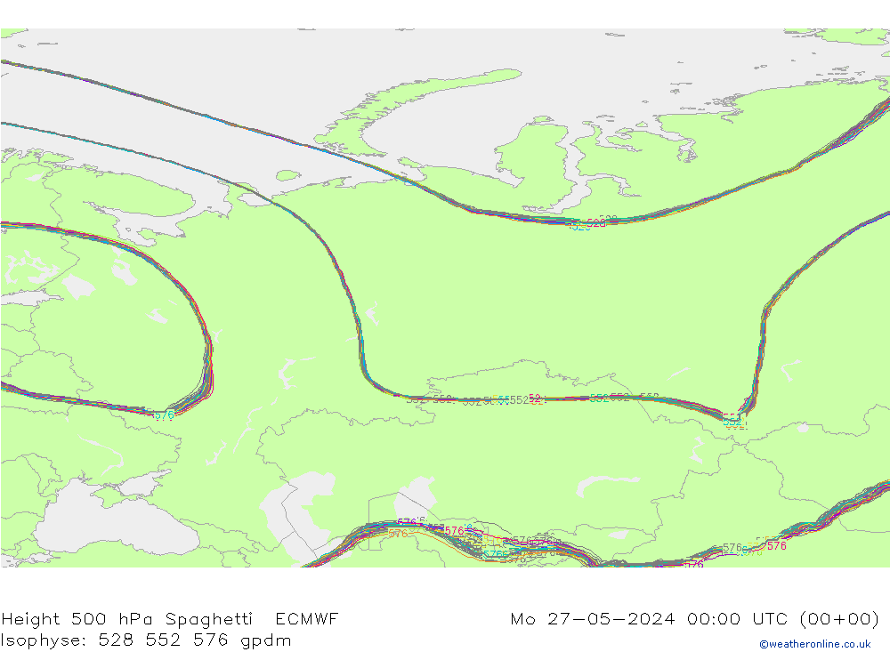 Height 500 hPa Spaghetti ECMWF Mo 27.05.2024 00 UTC