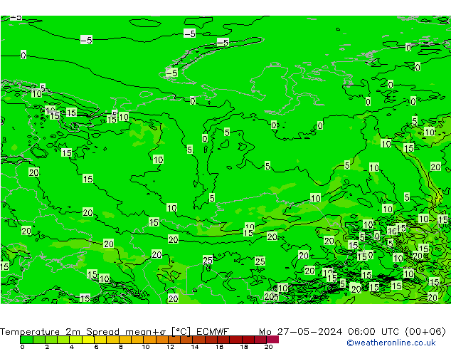 température 2m Spread ECMWF lun 27.05.2024 06 UTC