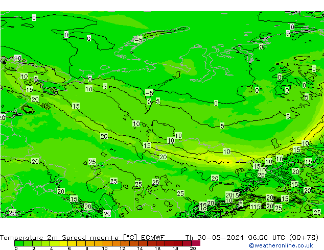 карта температуры Spread ECMWF чт 30.05.2024 06 UTC