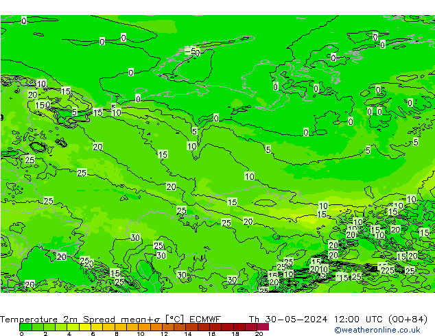 Temperatura 2m Spread ECMWF Qui 30.05.2024 12 UTC
