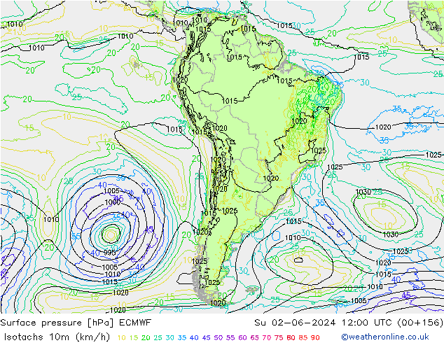 Izotacha (km/godz) ECMWF nie. 02.06.2024 12 UTC