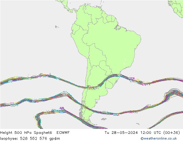 Height 500 hPa Spaghetti ECMWF  28.05.2024 12 UTC