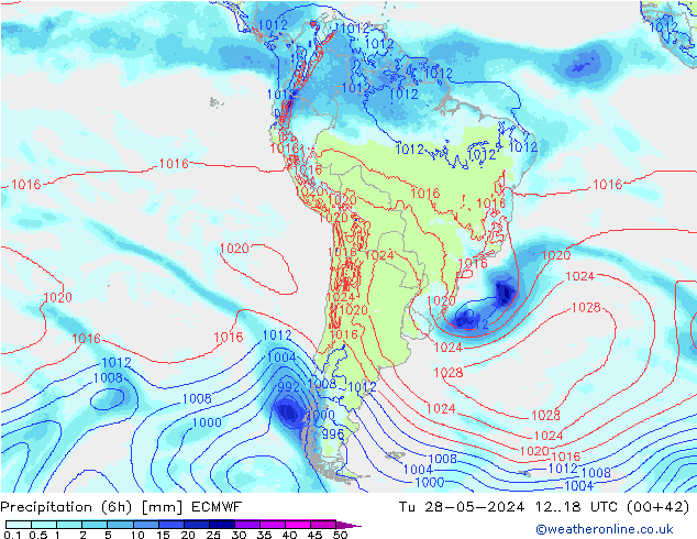 Totale neerslag (6h) ECMWF di 28.05.2024 18 UTC