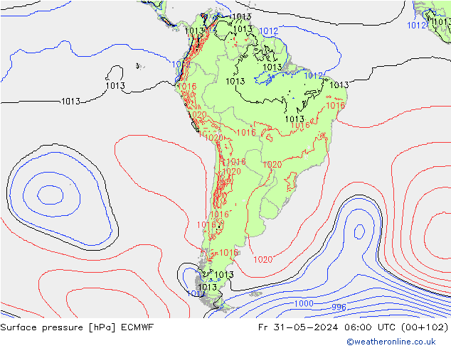 Presión superficial ECMWF vie 31.05.2024 06 UTC