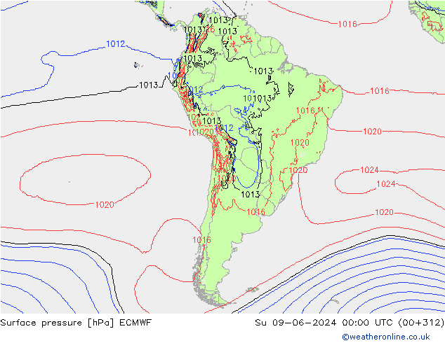 Presión superficial ECMWF dom 09.06.2024 00 UTC