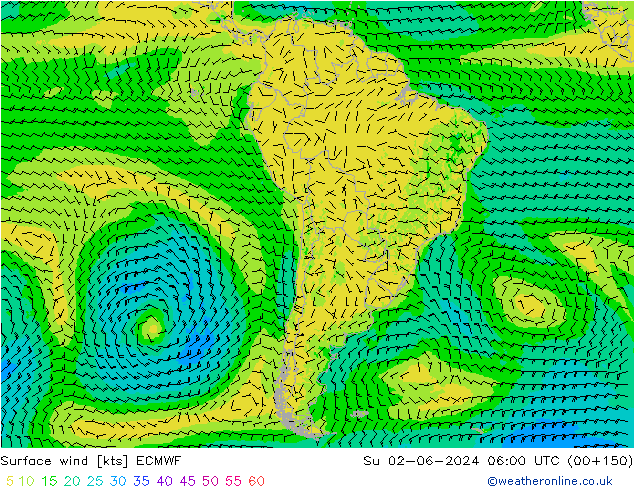 Viento 10 m ECMWF dom 02.06.2024 06 UTC