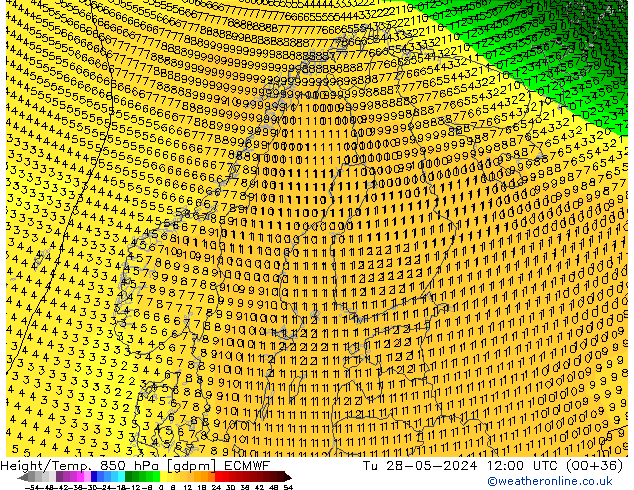 Hoogte/Temp. 850 hPa ECMWF di 28.05.2024 12 UTC