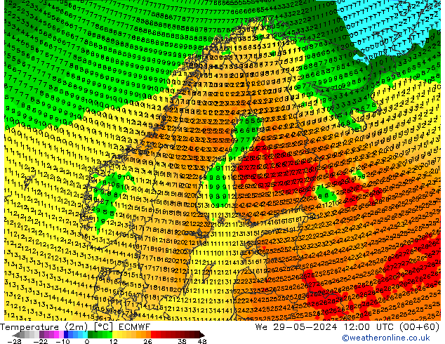 Temperatura (2m) ECMWF mer 29.05.2024 12 UTC