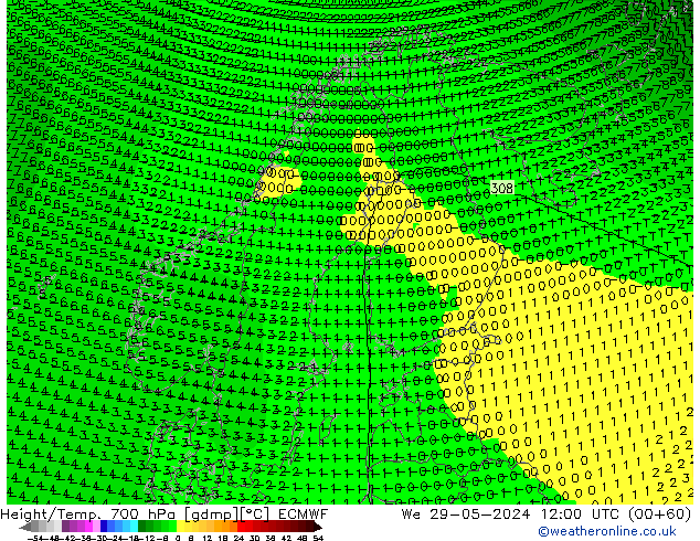 Height/Temp. 700 hPa ECMWF St 29.05.2024 12 UTC