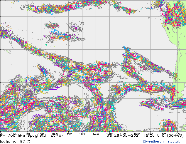 RH 700 hPa Spaghetti ECMWF St 29.05.2024 18 UTC