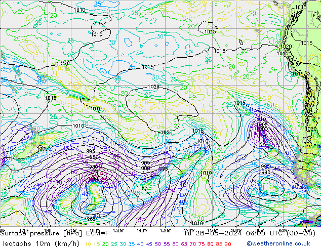 Isotachs (kph) ECMWF Tu 28.05.2024 06 UTC