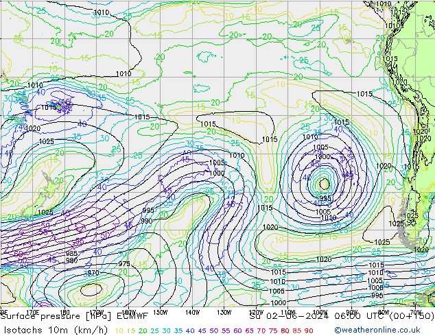 Isotachs (kph) ECMWF Dom 02.06.2024 06 UTC