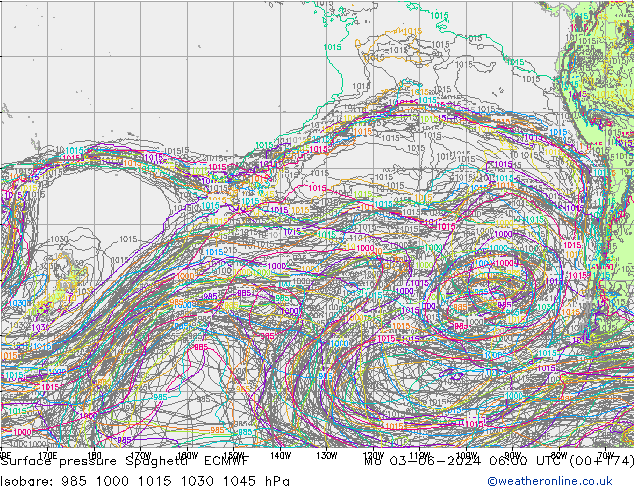 Pressione al suolo Spaghetti ECMWF lun 03.06.2024 06 UTC