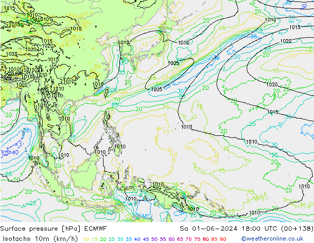 Isotachs (kph) ECMWF sab 01.06.2024 18 UTC