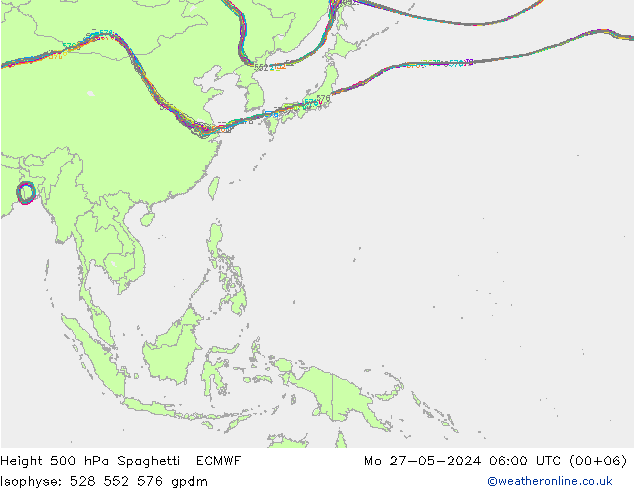 Height 500 hPa Spaghetti ECMWF pon. 27.05.2024 06 UTC